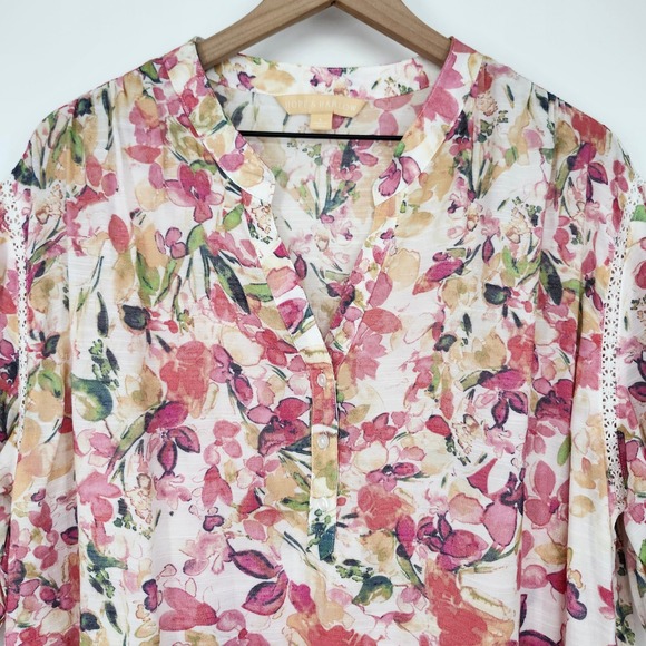 Pink‎ Floral Watercolor Blouse Top Large Lace Cottage Boho Indie Garden Bloom - Picture 3 of 9